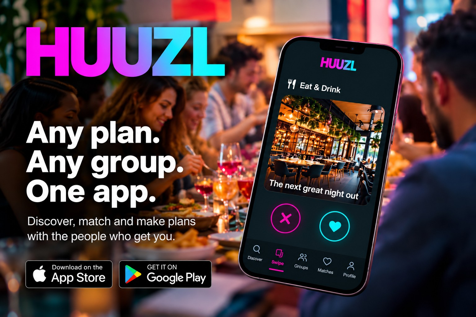 HUUZL app preview: swipe with your friends and family to make plans together