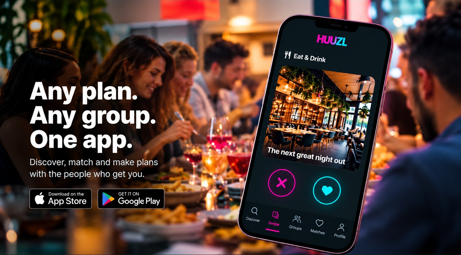 HUUZL app preview: swipe with your friends and family to make plans together