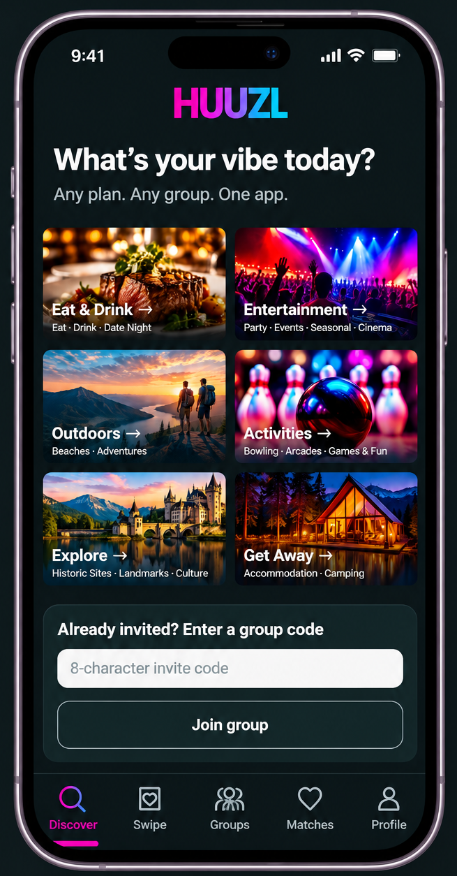 HUUZL app preview: Choose a category